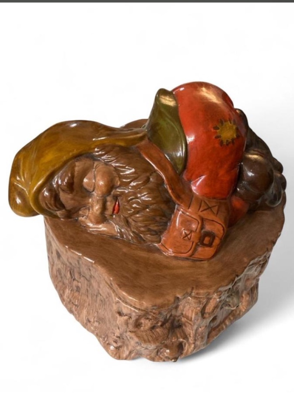 Vintage Woodland Sleeping Gnome on Tree Stump Cookie Jar Trinket Jar Large EUC